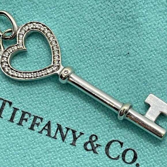 Tiffany & Co. 18k White Gold Diamond Heart Key Pendant 1.5 Inches w/ Pouch - Picture 7 of 11